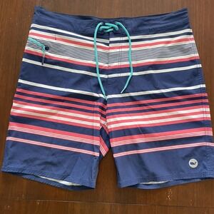 Vineyard Vines Board Shorts Size 36 Blue Pink Striped Zip Pocket Quick Dry